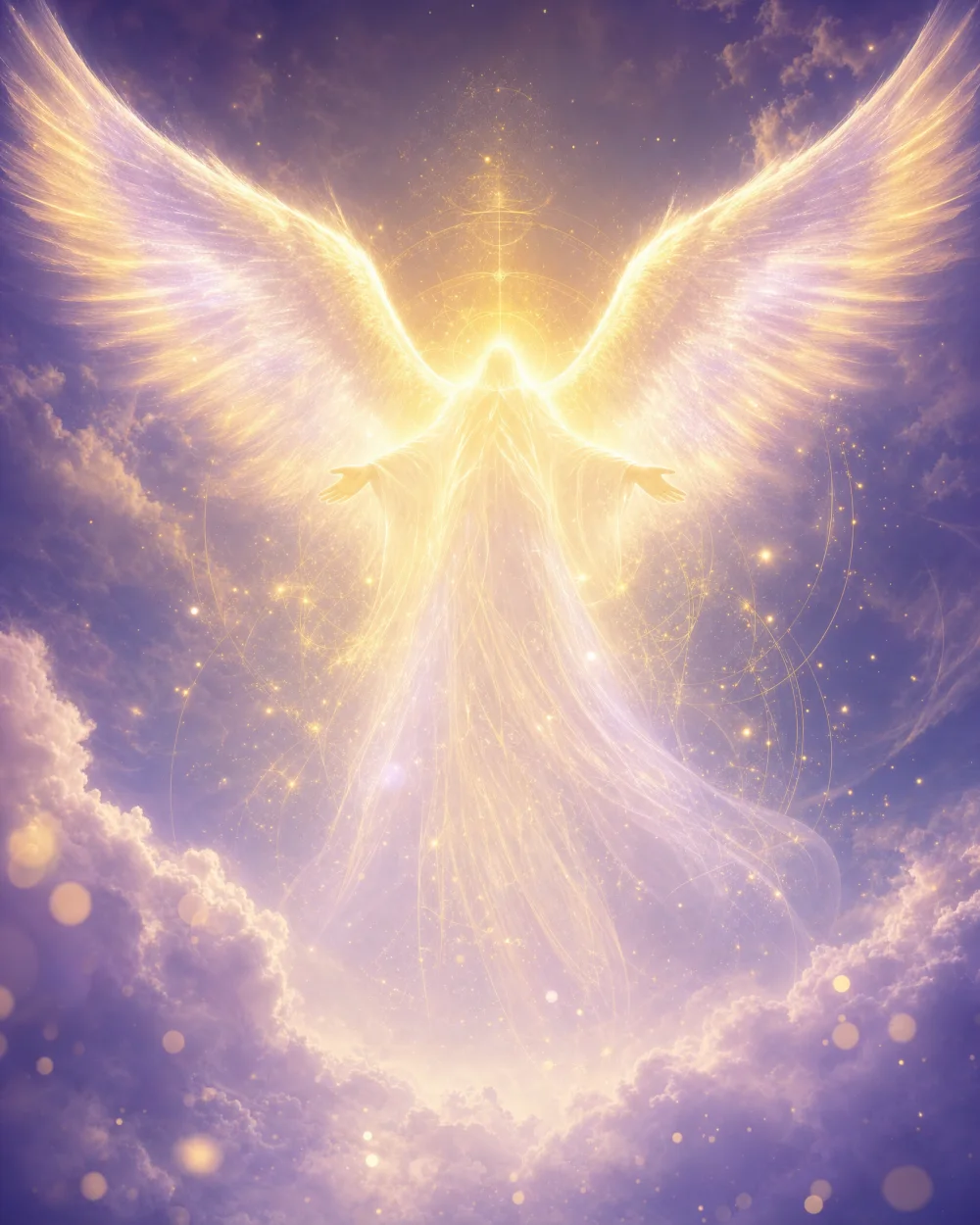 A luminous guardian angel of golden light with wings of starlight over a lavender sky