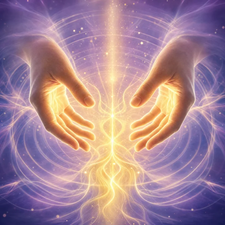 Two softly glowing hands channeling warm healing light — energy healing and aura clearing